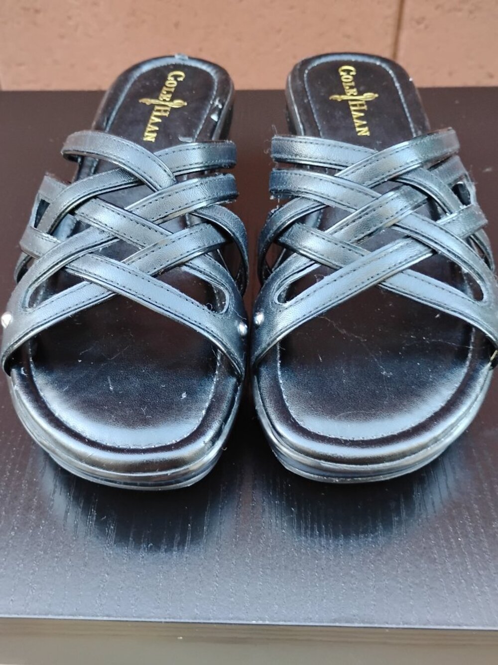 Cole Haan Black Leather Strappy Cross-Strap Wedge Slide Sandals Women's Size 6B